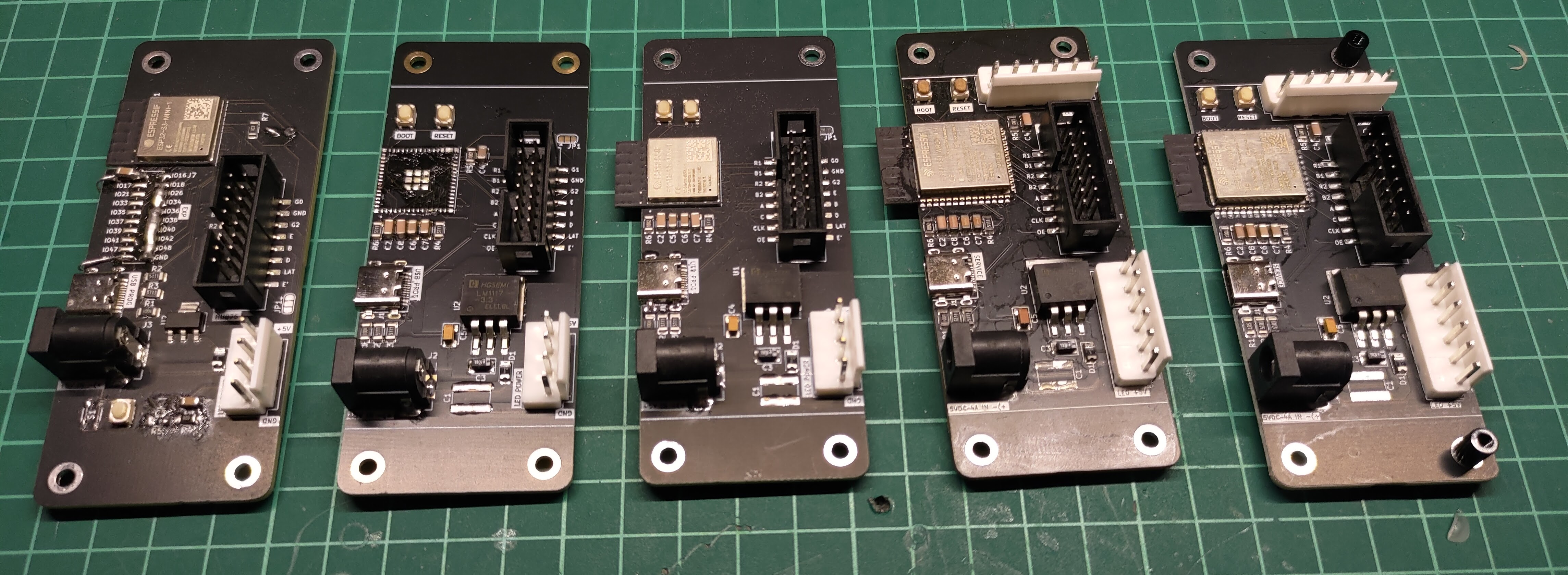 PCBs right to left, first version to the fully assembled version